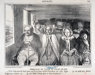 Opera di Honore Daumier (1808-1879) Charivari del 1855: Serie Actualites de voyage en railroad - Ecco più di otto giorni che non è successo un incidente su questa linea... non può durare a lungo così... mi dispiace aver preso questo treno
