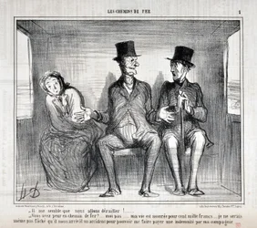 Opera di Honore Daumier (1808-1879). Charivari del 1857: Serie LES RAILWAYS - Mi sembra che deraglieremo!... Hai paura sulla ferrovia?... io no... la mia vita è assicurata per centomila franchi... non voglio nemmeno preoccuparmi
