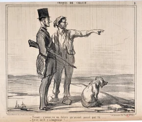 Opera di Honoré Daumier (1808-1879) Charivari del 1857: Serie schizzi di caccia Tieni... ho visto un lepre che volava da quelle parti... - È da molto tempo? MUSEO DELLE BELLE ARTI - PALAZZO LONGCHAMP, MARSIGLIA