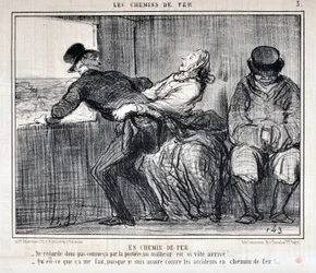 Serie LE FERROVIE. "-Quindi non guardare così attraverso la porta, un disastro sta arrivando così velocemente!... -Che importa, visto che sono assicurato contro gli incidenti sulla ferrovia". MUSEE DES BEAUX ARTS - PALAIS LONGCHAMP, MARSEILLE