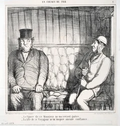 Opera di Honoré Daumier (1808-1879). Charivari del 1864: Serie LES CHAINS DE RAILWAY -La figura di questo signore non mi torna. - la testa di questo viaggiatore non mi ispira fiducia MUSEO DELLE BELLE ARTI - PALAZZO LONGCHAMP, MARSIGLIA