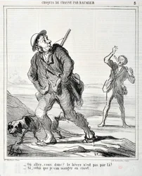 Opera di Honore Daumier (1808-1879) Charivari del 1864: Serie Sketch de Chasse "Dove va dunque? La lepre non è da quella parte! - Se quella che sto per mangiare in civet" MUSEO DELLE BELLE ARTI - PALAIS LONGCHAMP, MARSIGLIA