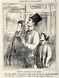 Opera di Honoré Daumier (1808-1879). Charivari del 1865: Serie CRUQUIS PAUIT AU SALON. Davanti a un dipinto di Manet: “Perché diavolo questa grossa donna rossa in camicia si chiama Olympia? - Ma amico mio, forse è il nome del gatto nero?” MUS