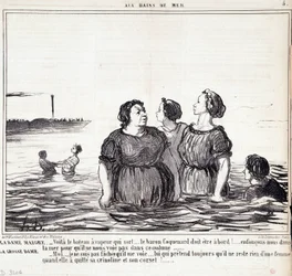 Vignetta sulle apparenze e la moda. Serie "Les Bains de Mer": "La signora magra (...), la signora grassa (...)". Incisione di Honoré Daumier (1808-1879). Estratto dal giornale "Le Charivari" 16 settembre