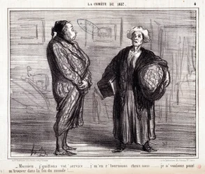 Cartone animato sulla scienza. Serie "Sulla Cometa del 1857": "Mossieu, lascio il tuo servizio...". Incisione di Honore Daumier. Estratto dal giornale "Le Charivari" del 13 marzo