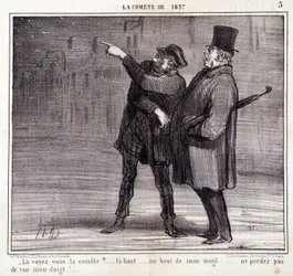 Cartone animato sulla scienza. Serie sulla "Cometa del 1857": "Vedi il comitato?..." Un ladro distrae la sua vittima. Incisione di Honore DAUMIER (1808-1879). Estratto dal giornale "Le Charivari" 19 marzo