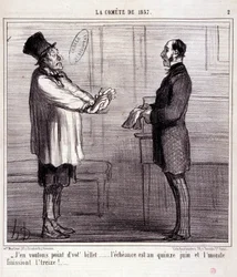 Vignetta sulla scienza. Serie "La Cometa del 1857": "Non voglio biglietti...". Incisione di Honoré Daumier (1808-1879). Estratto dal giornale "Le Charivari" 4 marzo