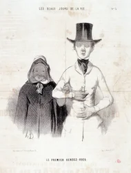 Vignetta sulla coppia: Serie "I bei giorni della vita": "Il primo appuntamento". Incisione di Honoré Daumier (1808-1879). Estratto dal giornale "Le Charivari", 2-3 gennaio