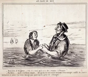 Cartone animato sui turisti in vacanza. Serie “aux Bains de Mer”: “Monsieur le bathneur... è vero che ci sono squali a Dieppe?...” Incisione di Honoré Daumier. Estratto dal giornale “Le Charivari” 8 giugno
