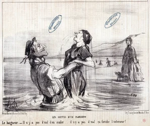 Vignetta sui turisti in vacanza. Serie "Les Bains de Mer": "Schizzo acquatico. Le sequenze di un tuffo". Incisione di Honoré Daumier (1808-1879). Estratto dal giornale "Le Charivari" nel 1853.