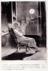 Vignetta sulle scrittrici. Serie "Bas Bleus": "O! Luna ispirami stanotte...". Incisione di Honoré Daumier (1808-1879). Estratto dal giornale "Le Charivari" 28 febbraio