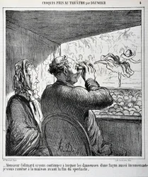 Sig. Colimard, se continui a guardare le ballerine in modo così inappropriato, ti porterò a casa prima che lo spettacolo finisca. Incisione di Honore Daumier in "Le Charivari". Palais Longchamp, Musee des Beaux Arts de Marseille