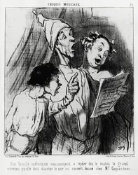 Bozzetti musicali: una famiglia melomane inizia a ripetere al mattino la grande canzone che dovevano cantare la sera al concerto dato a Mr. Coquardeau. Illustrazione di Honoré Daumier, pubblicata su 