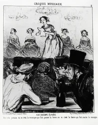Schizzi musicali: agli Champs Elysees, non si è mai saputo se è la musica che fa passare la birra o la birra che fa ingoiare la musica. Illustrazione di Honore Daumier (1808-1879), pubblicata in "Charivari", data 12 febbraio 1852.