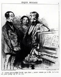 Bozzetti musicali: la canzone che sei costretto a ingoiare dopo cena: sonata eseguita dalla figlia di casa, una giovane prodigio di sei anni. Illustrazione di Honore Daumier, pubblicata in 
