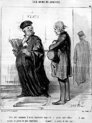 Caro signore, è assolutamente impossibile per me accontentare il tuo affare... ti mancano i pezzi più importanti... (a parte) le monete!... , dalla serie "Gens de Justice", serie di cartoni animati sulla Giustizia di Honore Daumier (1808-1879). "Charivari"