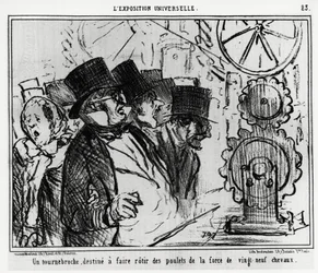 Esposizione universale: un giradischi, progettato per arrostire polli con la forza di ventinove cavalli. Illustrazione di Honore Daumier (1808-1879), pubblicata nelle notizie, “Charivari”, datata 20 luglio 1855.