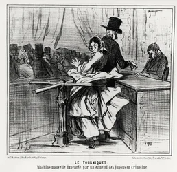 Esposizione universale: il tornello: una nuova macchina inventata da un nemico delle sottogonne a crinolina. Illustrazione di Honore Daumier (1808-1879), pubblicata nelle notizie, "Charivari", datata 26 giugno 1855