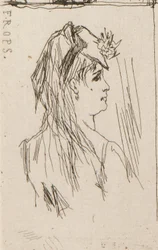 a. Testa di un vecchio di Daumier (in alto a sinistra); b. Chez Charles Beriot di Taiee (in alto al centro); c. Testa di una giovane donna di Rops (in alto a destra); d. Paesaggio fluviale di Harpignies (in basso al centro); e. Profilo di una giovane donna