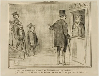 "- Ma mi avete detto che i bambini non sono ammessi in questa casa... - Signore, questi non sono bambini... sono i figli del proprietario!...", tavola 23 da Croquis Parisiens, - par Daumier