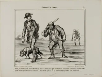 "- Su, su, signor Pomard... tenga alto il morale... ancora due leghe e potremo riposare... - Che fortuna, non abbiamo preso niente... Non avrei nemmeno la forza di portare una pernice", tavola 21 di Émotions de Chasse.