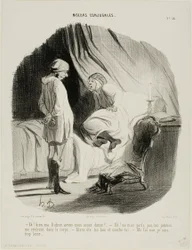 "- Eh! mia Didine, abbiamo ballato abbastanza - Oh, non se ne parli più, sono completamente esausta - Allora si tolga le calze e vada a letto! - Santo cielo, no... davvero, sono troppo stanca!", tav. 56 da Moeurs Conjugales