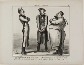 "- Incredibile... ma ora dobbiamo indicare il peso esatto! - e non possiamo più vendere ossa per carne - e il vino deve essere davvero vino! - tutto insieme ora: È DISGUSTOSO!", piatto 4 da Croquis Parisiens