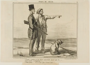 "- Ascolta... Ho visto una lepre laggiù... - È stato tanto tempo fa - Niente affatto... è stato meno di tre mesi fa...", tavola 2 da Croquis De Chasse