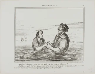 "- Mr.Lifeguard.... è vero che ci sono squali a Dieppe - Certo... ma è abbastanza semplice... appena ne vedi uno che viene a mangiarti, non devi far altro che sdraiarti di lato. Non vi mangerà per paura di morire soffocati", piatto 1 da Aus Bains D