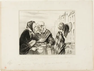 "- Che confusione sta facendo questa faccia acida del quinto piano! Indossare un cappello solo per comprare due tazze di latte per un sou! - Oh, Madame Capitaine, non siamo forse stravaganti oggi...", piatto 36 Tipi Parigini