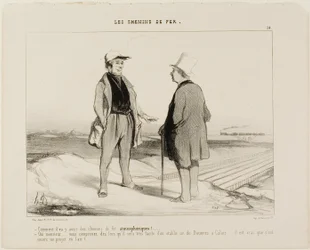 "- Come sarebbe a dire che presto ci saranno treni aerei - Ma certo, Monsieur... vede, sarà poi molto facile stabilire un collegamento tra Dover e Calais... ma naturalmente il progetto è ancora sospeso in aria", piatto 14 da The Railr