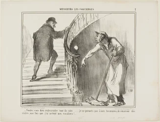 "- Vi prego di tornare immediatamente... Non permetto ai miei inquilini di ricevere visite una volta che ho pulito le scale", targhetta 1 da Messieurs Les Concierges