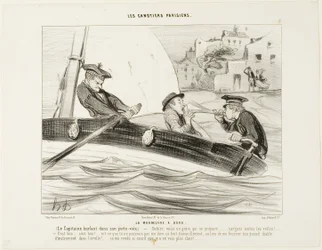 Una manovra navale. Il Capitano urla nella sua tromba: "Gabier! Si sta formando una burrasca, preparatevi! ..... Alzate tutte le vele!... Bene:.... molto bene! - Perché non me lo hai detto con calma invece di ficcarmi questo enorme strumento nell
