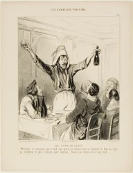 Un ultimo brindisi! "Signori, non torniamo a bordo senza un ultimo brindisi in onore delle due cose che più di tutte danno fascino alla nostra vita... brindiamo alle signore e al vitello freddo!", piatto 18 de Les Canotiers Parisiens