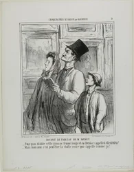 Osservando il dipinto di Manet. «- Perché mai questa donna grassa dal viso rosso in camicia da notte si chiama Olympia? - Ma caro mio, forse è il nome del gatto nero», tavola 9 da Croquis Pris Au Salon par Daumier