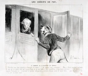 Opera di Honoré Daumier (1808-1879). Charivari del 1843: Serie LES RAILWAYS Il pericolo di addormentarsi durante un viaggio -Sveglia Signore e scendi dalla carrozza! - Dove stiamo andando? - Ma a Rouen parbleu! - A Rouen e io che volevo solo andare a Poi