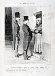 Opera di Honoré Daumier (1808-1879). Charivari del 1845: Serie LES PEANS DE JUSTICE -... e parlando alla sua porta così dichiarato, gli ha fatto capire che doveva obbedire alla suddetta intimazione, altrimenti e in mancanza di farlo sarà costretto a