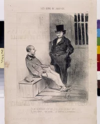 Opera di Honoré Daumier (1808-1879). Charivari del 1845: Serie LES PEANS DE JUSTICE. "Quello che mi preoccupa è che sono accusato di 12 furti! - Ce ne sono dodici... molto meglio... Plederò la monomania" estratto dal giornale Le Charivari