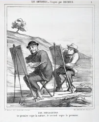 Opera di Honore Daumier (1808-1879). Charivari del 1865: Serie LES ARTISTS Les paysagistes. 