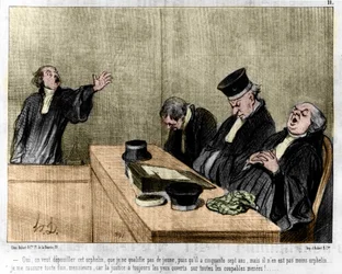 Cartone animato di Daumier: Serie "Le Genti di Giustizia" pubblicato in "Charivari" del 15/08/1845. Un avvocato che arringa in tribunale dormendo