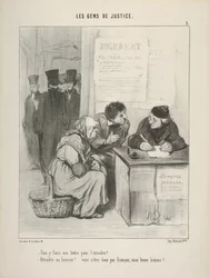 «Bisogna scrivere una lettera per intenerirlo?... Intenerire un ufficiale giudiziario!... Dunque non siete francese, mio bravo uomo?....», tavola 5 da Les Gens de Justice