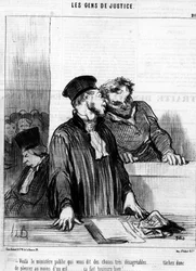 Ecco il pubblico ministero che ti dice cose molto sgradevoli... quindi prova a piangere almeno con un occhio... fa sempre bene!... , dalla serie “Gens de Justice” di Honoré Daumier. “Charivari”