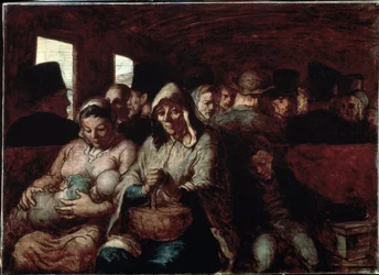 ""Le wagon de troisieme classe"" (Un vagone di terza classe) Due madri di origine sociale popolare, in un treno con i loro bambini. Dipinto di Honoré Daumier (1808-1879) 1862-1864 Museo delle Belle Arti, Ottawa, Canada