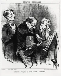 Bozzetti musicali: preludi obbligatori di qualsiasi concerto amatoriale. Tre musicisti si sforzano di illuminare le loro voci, accordare un violino e soffiarsi il naso con ostentazione. Illustrazione di Honoré Daumier, pubblicata su 