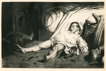 Cento venti litografie di H. Daumier, Satirico in N & B, circa 1834: Massacro di rue Transnonain (Parigi) - Repubblicano, Cadaveri, Repressione - Illustrazione di Honoré Daumier (1808-1879)