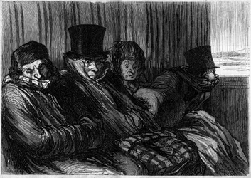 Treni del piacere: 10 gradi di noia e cattivo umore. Caricatura di Honore Daumier (1808-1879). Incisione in "Le Monde Illustré" n.249 del 18 gennaio