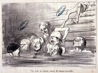 Serie "Les Bains de Mer": "Schizzo acquatico. Una scuola di nuoto, una piscina di uomini ragionevoli.". Incisione di Honoré Daumier (1808-1879). Estratto dal giornale "Le Charivari"