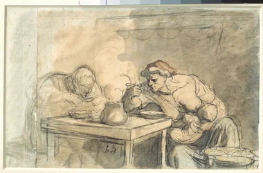 Zuppa Una coppia di lavoratori che mangiano zuppa, la madre che allatta il bambino
