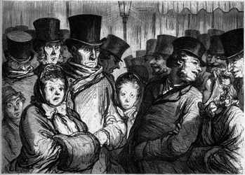 Boulevard du Temple a mezzanotte. A sinistra, persone che escono dal dramma. A destra, persone che lasciano i funamboli. Cartone animato di Honore Daumier (1808-1879). Incisione in "Le Monde Illustré" n.254 del 22 febbraio