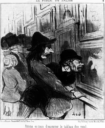 Il pubblico dello spettacolo. Artisti che esaminano il dipinto di un rivale, tratto da "Dipinti e Saloni", serie di cartoni animati di Honoré Daumier (1808-1879). "Charivari"
